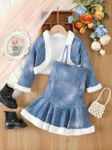 SHEIN 女小童毛茸邊夾克&荷葉邊吊帶洋裝 - 藍色 - 查看 1