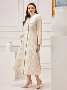 Modelyn Borg Collar Pocket Side Quilted Coat - Apricot - View 5