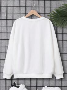 SHEIN Cậu bé Tween Đồ họa chữ & hình trong tiếng Nhật Thả vai Áo chui đầu - trắng - Xem 2