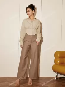 Women Solid Color Long Sleeve Waist Cinched Elegant Blouse, Casual Daily Button Down Shirt, Spring/Autumn