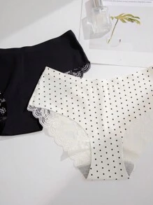 5pack Polka Dot Print Contrast Lace Brief Lingerie