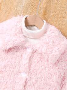 SHEIN Tween Girl 1pc Solid Button Front Fuzzy Coat - Pink - View 4