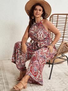 SHEIN VCAY Hơn In hoa Paisley Thắt lưng Áo liền quần Dây thắt cổ - Nhiều màu - Xem 1