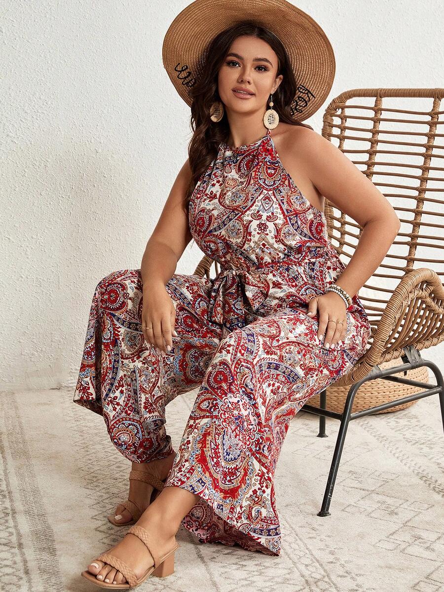 SHEIN VCAY Hơn In hoa Paisley Thắt lưng Áo liền quần Dây thắt cổ - Nhiều màu - Xem 1