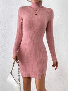 SHEIN Frenchy 高領下擺開叉緊身洋裝 - 西瓜粉 - 查看 3