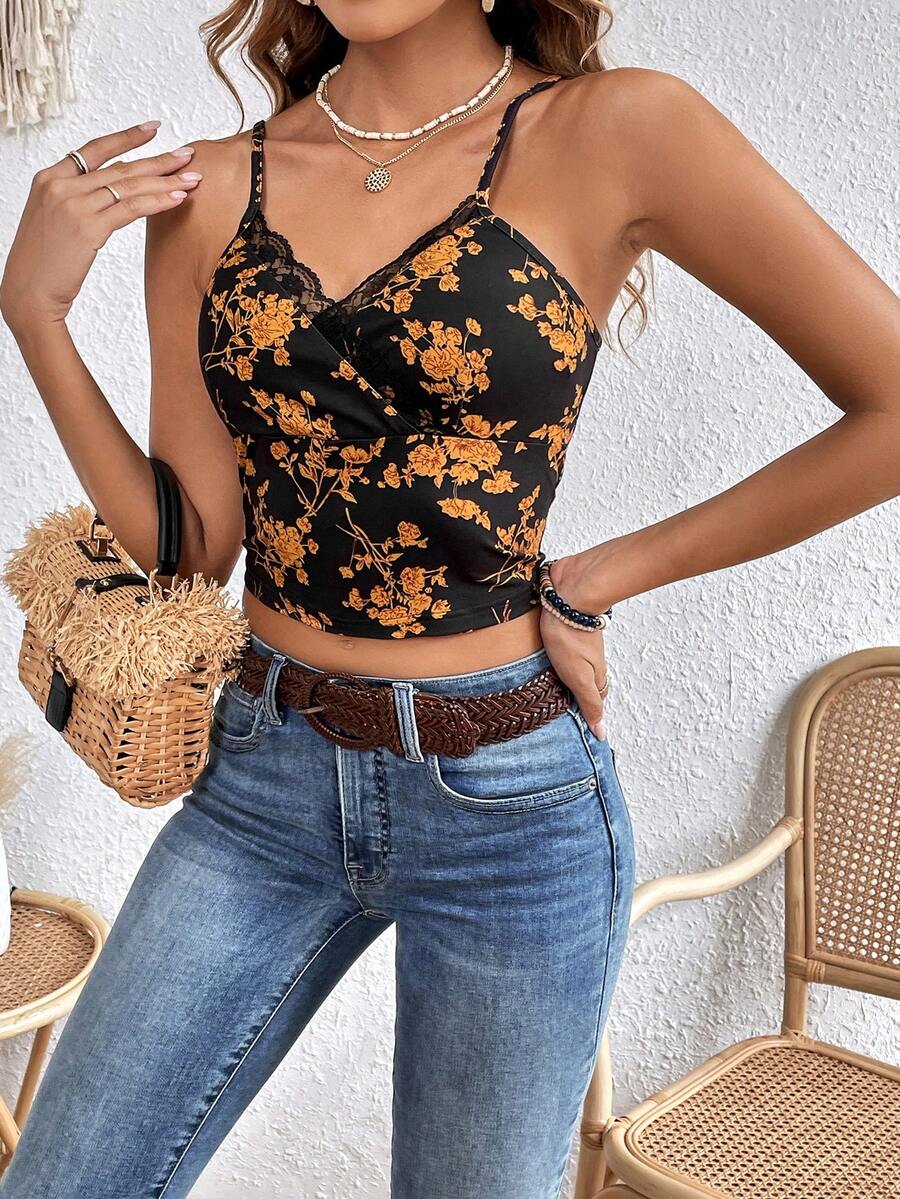 SHEIN VCAY Top de tirantes con estampado floral - Negro - Ver 1