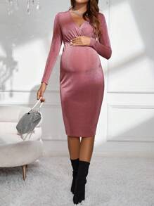 SHEIN Maternity Surplice Neck Bodycon Dress - Pink - View 3