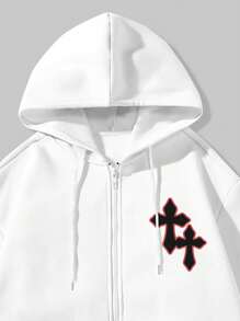 ROMWE MEN Street Life Guys Slogan & Figure Graphic Kangaroo Pocket Drawstring Thermal Lined Hoodie - White - View 3