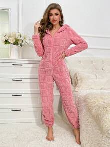 Cartoon Pattern Hooded Zipper Flannel Lounge Jumpsuit - Pink - View 5