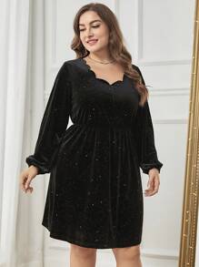 SHEIN LUNE 大碼貝殼邊燈籠袖貝殼邊絲絨洋裝