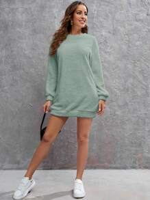 SHEIN LUNE Vestido sudadera unicolor de hombros caídos teddy - verde menta - Ver 3