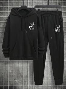 Manfinity Homme Nam Plus Đồ họa Khẩu hiệu Dây rút Áo Hoodie & Quần thể thao - màu đen - Xem 2