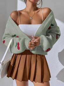 SHEIN Qutie 櫻桃圖案落肩袖開襟開衫 - 綠色 - 查看 6