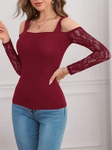 SHEIN Privé Ren tương phản Vai lạnh Áo - Màu Đỏ Sâu - Xem 5