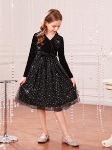 SHEIN 女大童亮片網紗覆蓋繫腰帶洋裝 - 黑色 - 查看 4