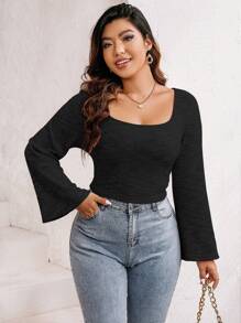 Flirla Plus Square Neck Trumpet Sleeve Tee - Black - View 4