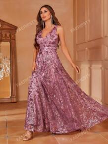 Faeriesty Elegant V-Neck Sleeveless A-Line Sequin-Decor Dress – Lightweight Flowy Formal Gown For Spring-Summer – Perfect For Wedding Guest, Gala, Evening Dinner, Red Carpet Events Party Dress