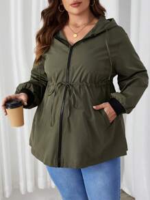 SHEIN 孕婦大碼腰部抽繩拉鏈開襟連帽夾克