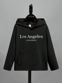 SHEIN 男大童字母圖案袋鼠口袋連帽T恤 - 黑色 - 查看 3