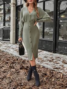 SHEIN Clasi tay cánh Nút phía trước Đầm - Màu xanh Bạc hà - Xem 4