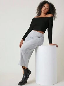 SHEIN BASICS Plus Solid Off Shoulder Crop Tee - Black - View 3