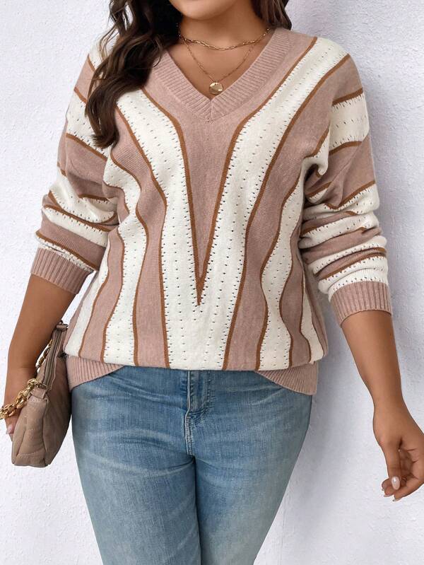 SHEIN LUNE Plus Striped Pattern Drop Shoulder Sweater