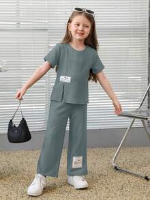 SHEIN 女小童標語貼布細節T恤和褲子 - 藍色 - 查看 3