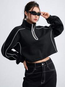 DAZY Contrast Piping Half Zip Drop Shoulder Crop Sweatshirt - Black - View 7