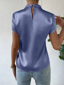 SHEIN VCAY Twist Front Keyhole Back Satin Blouse - Blue - View 2