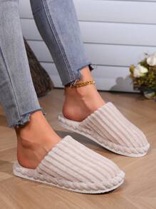 Ladies' Corduroy House Slippers In Beige Color, Winter, Non-Slip, Warm, Soft Plush Sole, Simple And Fashionable Style,Furry Shoes,Fluffy Slippers - Beige - View 2