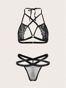 Classic Sexy Floral Lace Criss Cross Lingerie Set - Black - View 1