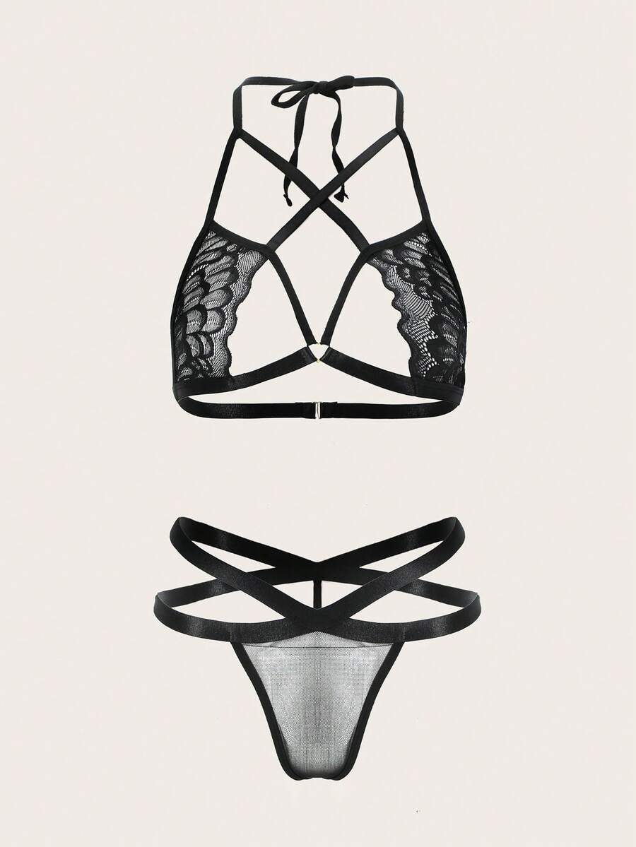 Classic Sexy Floral Lace Criss Cross Lingerie Set - Black - View 1