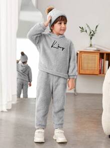SHEIN Young Boy Letter Embroidery Drop Shoulder Teddy Hoodie & Pants With Bag - Light Grey - View 5