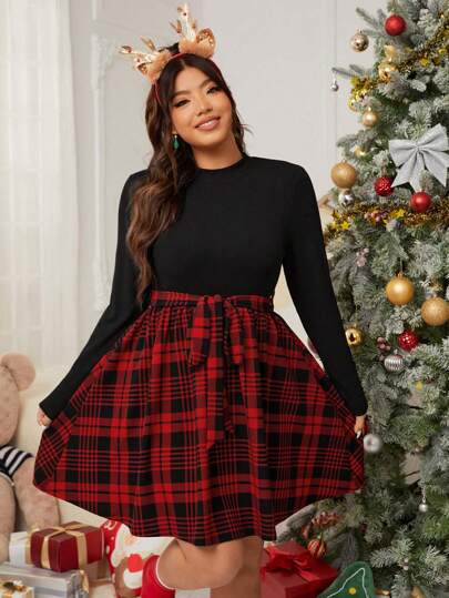 SHEIN EZwear 大碼格紋印花繫腰帶洋裝