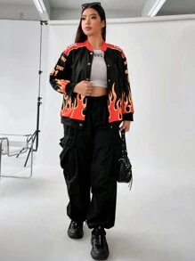 Flirla 大碼車&火圖案落肩袖夾克 - 彩色 - 查看 6