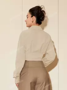 Women Solid Color Long Sleeve Waist Cinched Elegant Blouse, Casual Daily Button Down Shirt, Spring/Autumn