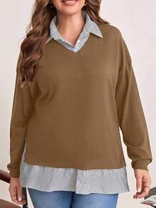 EMERY ROSE Plus Striped Drop Shoulder 2 In 1 Sweater - Camel - View 3