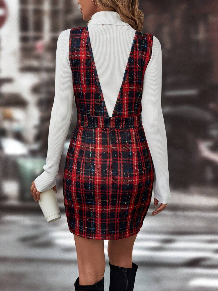 Plaid Plunging Neck Overall Dress Without Sweater