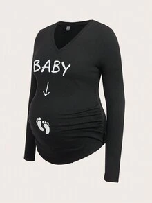 SHEIN Maternidad 3 piezas Camiseta huella & con estampado de letra fruncido bajo curvo - Multicolor - Ver 15