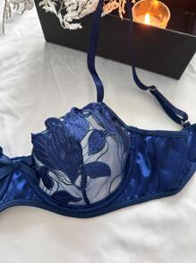 Women's Embroidered Mesh Contrast Sexy Lingerie Set - Blue - View 3