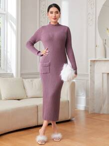 Modelyn Mock Neck Pocket Patched Sweater Dress Fall Cloth For Women