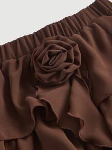 SHEIN MOD Solid Ruffle Trim Floral Decor Skirt - Brown - View 3
