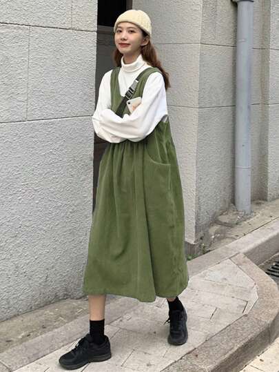 Women's Solid Color Corduroy Strap Jumper Dress With Pockets, Autumn