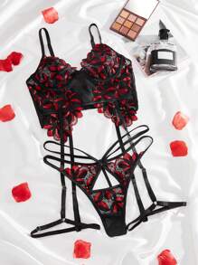 SHEIN Floral Lace Underwire Garter Lingerie Set, Baddie Look - Black - View 6