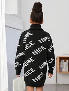 SHEIN Cô gái Tween Mẫu chữ Áo cao cổ Thả vai Đầm Áo len - màu đen - Xem 2