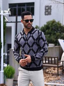 Manfinity Homme 男士菱形印花1/4拉鍊套頭毛衣 - 黑色 - 查看 3