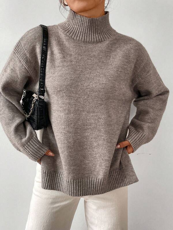 Chiquease Pullover mit hohem Kragen, Dropped Shoulder und Schlitz-Saum, Lange Ärmel Oberteil