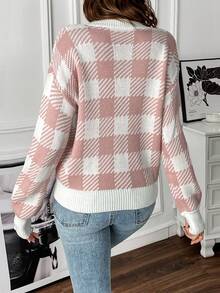 SHEIN Unity Buffalo Plaid Pattern Drop Shoulder Knit Pullover Fall Winter Sweater - Pink - View 2