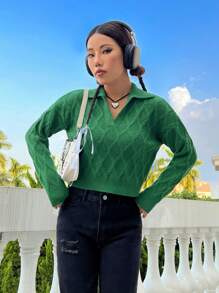 SHEIN Unity Áo len dệt kim dáng ngắn màu trơn, thích hợp cho mùa thu đông. - Màu xanh lá cây đậm - Xem 3