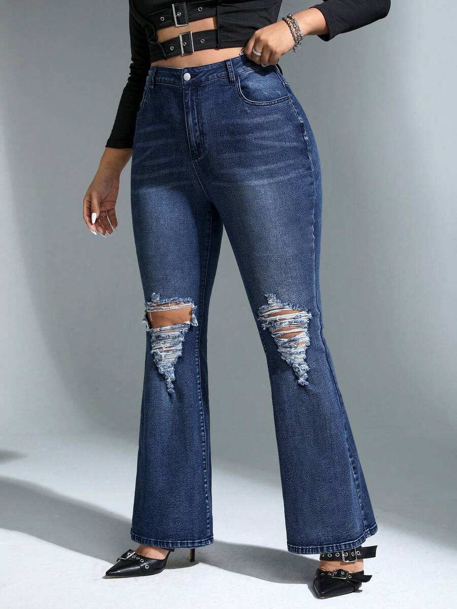 SHEIN ICON 大碼斜口袋破洞牛仔喇叭褲 - 藍色 - 查看 1